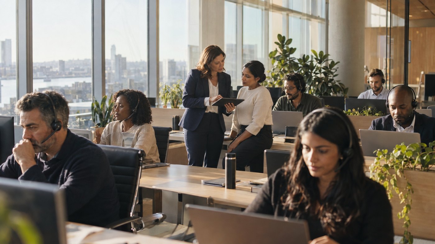 A customer operations team at work in a bright office