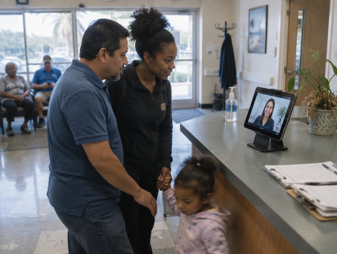 Patients checking in with a digital receptionist on a counter tablet