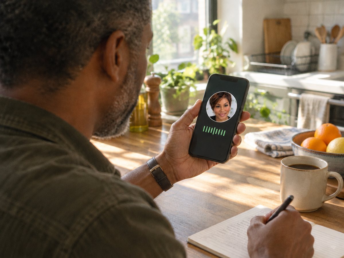 A customer at his kitchen counter on a call with Robin, a MORE digital employee
