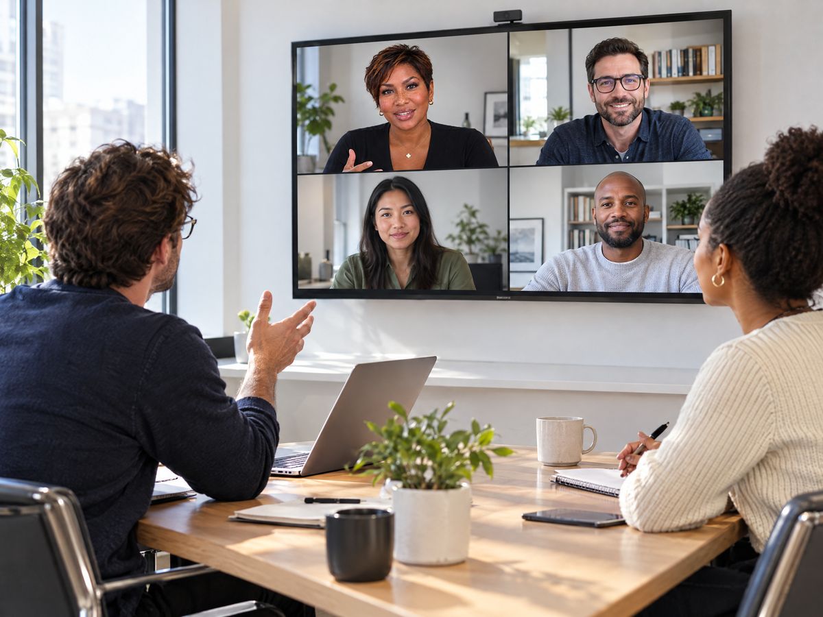A team in a meeting room asking a digital employee a question on the video screen