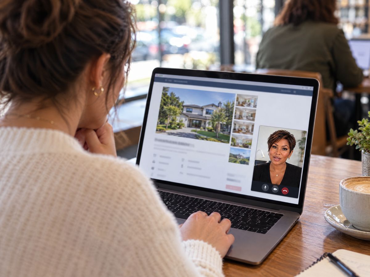 A visitor on a real estate website talking to a digital employee in a video window